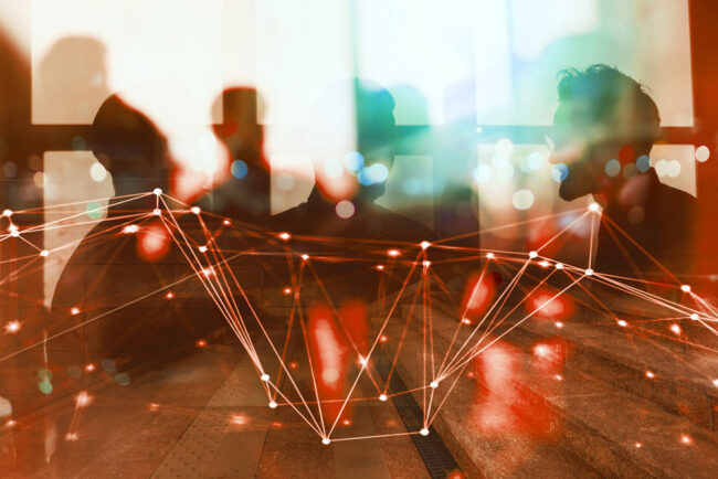 Silhouette of business people work together in office. Concept of teamwork and partnership. double exposure with network effects